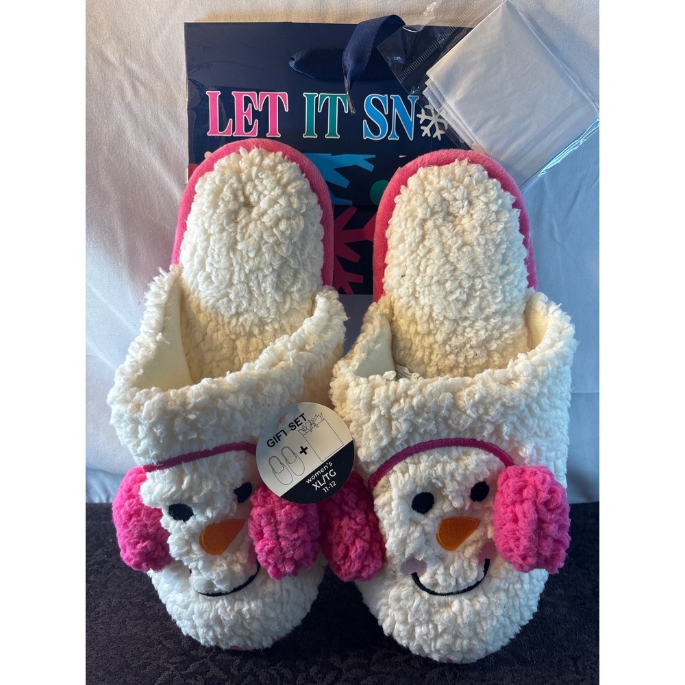 Nordstrom Rack Snowman Slippers Gift Set White Pink Sherpa Memory Foam XL 11-12
